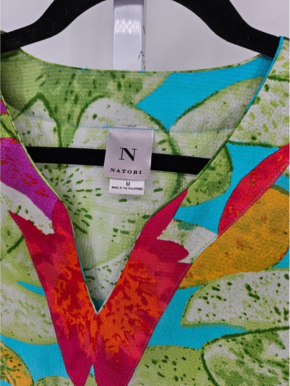 Natori Womens Sz M Tunic Dress Knee Length Lily pad Floral Print Green Pink - Picture 3 of 4